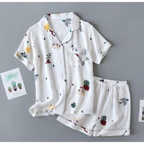 Summer Woman Pajamas Cotton Crepe Cactus Print Lapel Cardigan Short Sleeve Shorts Set Casual Breathable Female Homewear