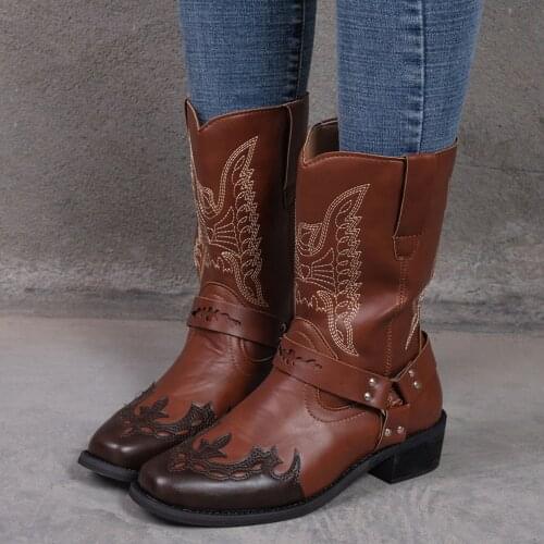 Retro Women Boots Fashion Ladies Autumn Winter Print Embroidery Square Heels Buckle Strap Middle Tube Booties Round Toe Shoes