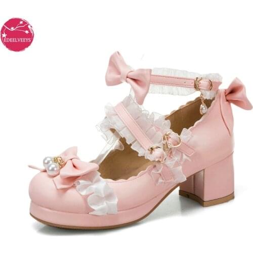 Womens Round Toe Lace Cross Strap Cosplay Lolita Shoes Mary Janes Bowknot Pearl Japanese Kawaii Platform Block Heel Plus Size 48