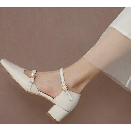 Osunlina 2021 New Pumps Square Toe Heels Pearl Decoration Buckle Strap Genuine Leather Elegant Work Party Slip On Shoes Handmade