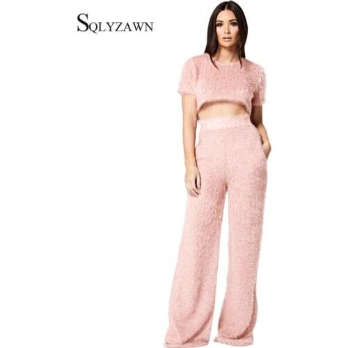 Women 2 Piece Set Female Winter Teddy Tracksuit Fleece Crop Tops +Wide Loose Pants Ladies Bodycon Outfit Femme Knitted Tracksuit
