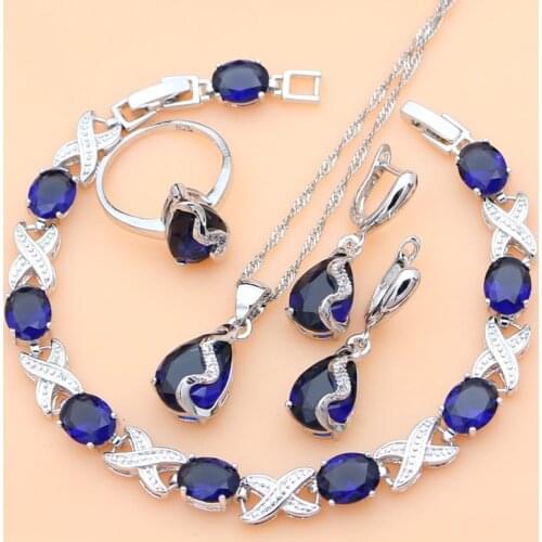 925 Silver Jewelry Set Blue Sapphire Costume for Women Drop Stones Earrings Rings Bracelet Necklace Set Dropshipping