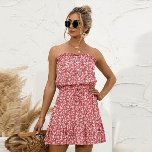 Floral Print Sleeveless Women Dress Casual Strapless Button Ruffle Mini Dress 2021 Sexy Fashion Summer Holiday Beach Sundress