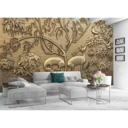 Golden embossed forest elk bird 3D Wallpaper for Walls Cold drink restaurant tea bar KTV background wallpapers mural decoration