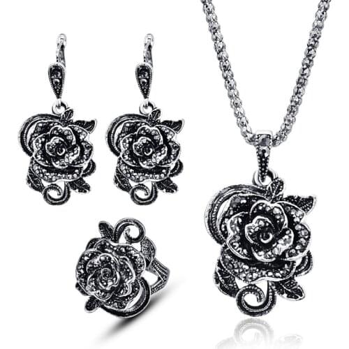 3Pcs Vintage Silver Color Jewellery Set Black Crystal Rose Flower Jewelry Sets For Women Wedding Party Gift Fashion