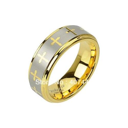 Free Shipping USA Hot Selling 8MM Tungsten Carbide Yellow Gold Color Laser Engraved Crosses Design Mens/Women Wedding Band Ring