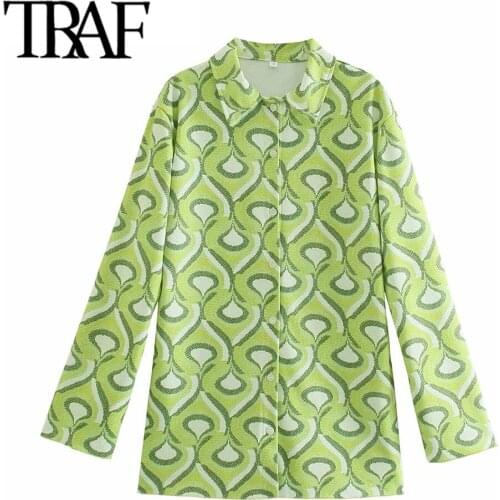 TRAF Women Fashion Geometric Print Loose Knitted Blouses Vintage Long Sleeve Button-up Female Shirts Blusas Chic Tops