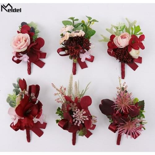 Meldel Red Flower Boutonnieres for Groomsmen Bridesmaid Wrist Corsages Flower Wedding Groom Boutonniere Red Silk Rose Buttonhole