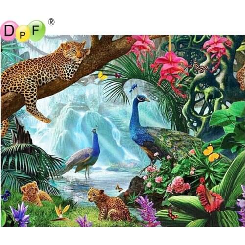 DPF New 3D Needlework Diamond Embroidery Peacocks Leopard Animals Forest Style Pictures of Rhinestones Mosaic cross-stitch anima