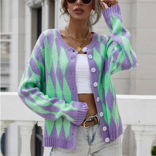 Cardigan Sweater Women Printed Plaid Knitted Sweater Winter Long Sleeved Single Breasted Pullover Casual O Neck Warm Jumpers