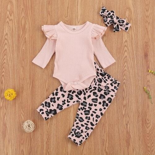Emmababy Newborn Baby Girl Clothes Fresh Solid Color Flying Sleeve Knitted Cotton Romper Tops Leopard Trousers Headband 3Pcs Set
