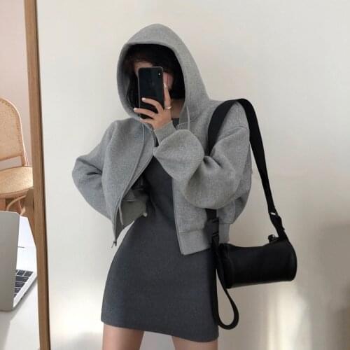 Korean Fashion Knitted Hoodies Dress Set 2021 Women 2 Pieces Set Loose Long-sleeved Short Jackets and Dress Zipper Coats Suits