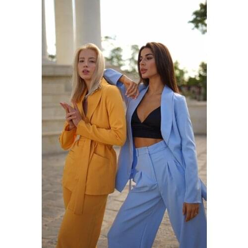 Long Sleeve Sexy Women Suits Custom Made Shawl Lapel Blazer With Belt Casual Daily Wear Young Girl 2 Pieces Pants Jacket