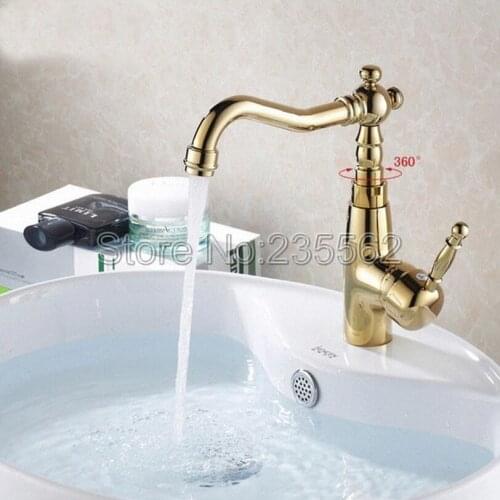 Gold Color Brass Faucet 360 Degree Rotation Hot Cold Mixer Bathroom Taps Single Handle Classic Faucet Lgf005