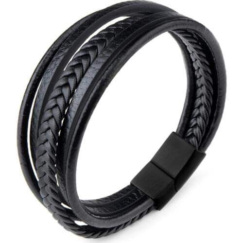 Trendy Stainless Steel Leather Bracelet Magnetic Clasp Charm Multilayer Handmade Braided High Quality Accessories For Men
