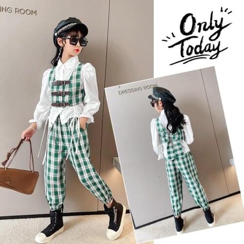 Girls Fashion Suit 2021 Spring And Autumn Girls White Shirt + Bow Check Vest + Check Trousers Girl Casual Suit 8 10 12 Years Old