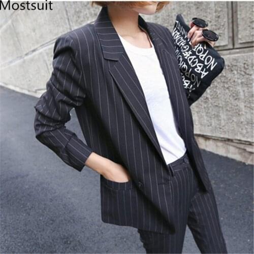 Office Striped Two Piece Suit Set Women 2021 Spring Blazer + Suit Pants Outfits Workwear Korean Female Ol Style Matching Set