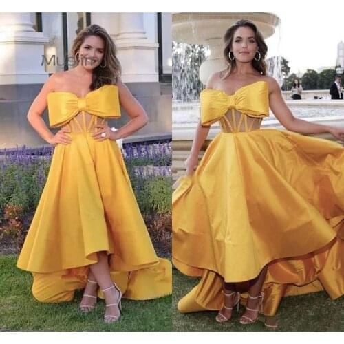 Sexy Gold High Low Prom Dresses With Big Bow Strapless Satin Short Party Evening Dress 2021 See Through Top Formal Party Evening