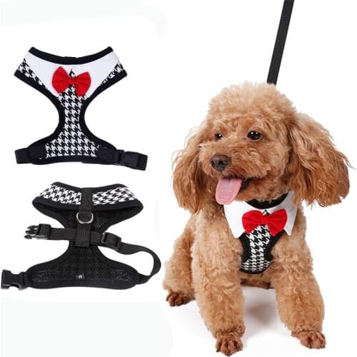 Red Bow Tie Black leash Adjustable Soft Breathable Dog Cat Control dog Harness set Nylon for Pet puppy collar Chest Strap
