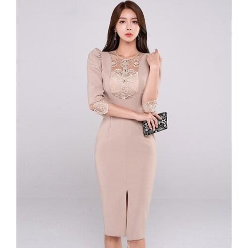 S-XL Plus Size 2020 Autumn Work Dress Women Lace Patchwork Bodycon Wrap Dress Ladies Slim Tight Khaki Dress Woman Vestidos