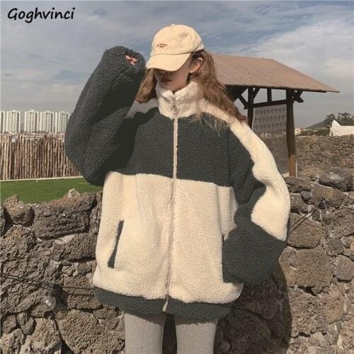 Hoodies Women Lambswool Stand Collar Patchwork Outwear Zip-up Winter Harajuku Leisure Teens Hoodie All-match High Street Hip-hop