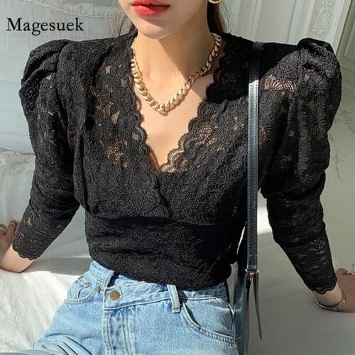 Vintage Lace Women Blouse Fashion Puff Long Sleeve Slim Lace Shirt Sexy See Through Chic New V-neck Shirts Blusas Mujer 13470