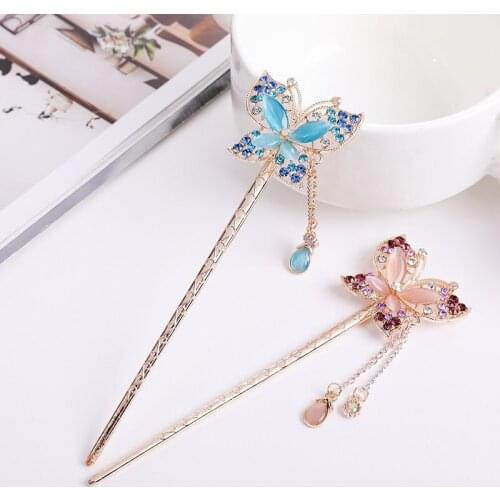 Vintage Hair Sticks Crystal Tassel Hair Accessories Hair Clip Chinese Style Metal Rhinestone Hairpin Women Headwear Jewelry