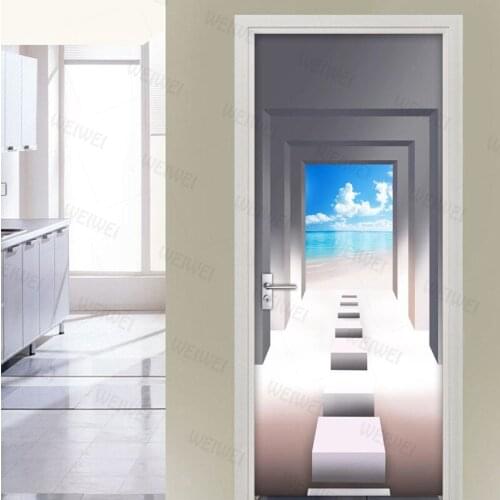 Waterproof Self-adhesive Door Sticker 3D Space Beach Seascape Photo Wallpaper Mural Living Room Bedroom Door Decoration Stickers