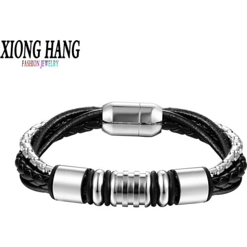 Xionghang Lastest High Quality Magnetic Clasp Fashion Stainless Steel Chain Multilayer Genuine Leather Bracelet Jewelry For Men