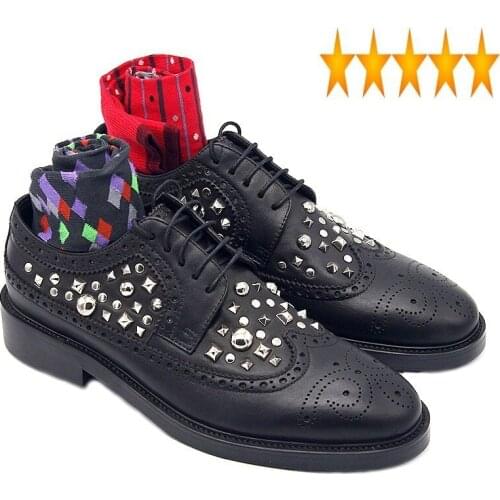 Rivets Carved Black Men Bullock Genuine Leather Banquet Pointed Toe Dress Shoes Handmade Lace Up Derby Zapatos De Hombre