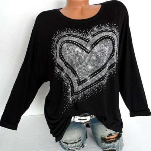 Shining Rhinestone Diamond T-shirt Clothes Women Casual Tops Heart-shaped Printed Long Sleeve T Shirt Pullover Tee Shirt Femme