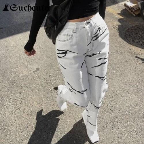 SUCHCUTE Streetwear y2k Fashion Paisley Print Denim Pants For Women Korean Style Casual 90s Straight Pants Harajuku 2021 Summer