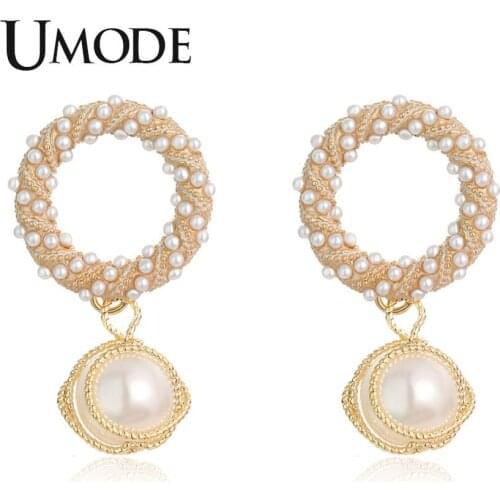 UMODE New White Simulated Pearl Donuts Dessert Drop Earrings for Women New Cute Gold Color Rope Design Jewelry Gift AUE0501