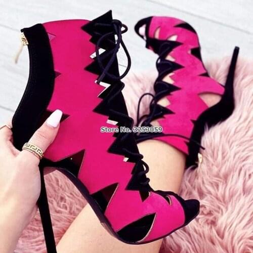 ALMUDENA Fuchsia Pink Black Suede Color Patchwork Sandals Women Newest Cut-out Lace-up Cage Shoes Stiletto Heels Lace-up Pumps
