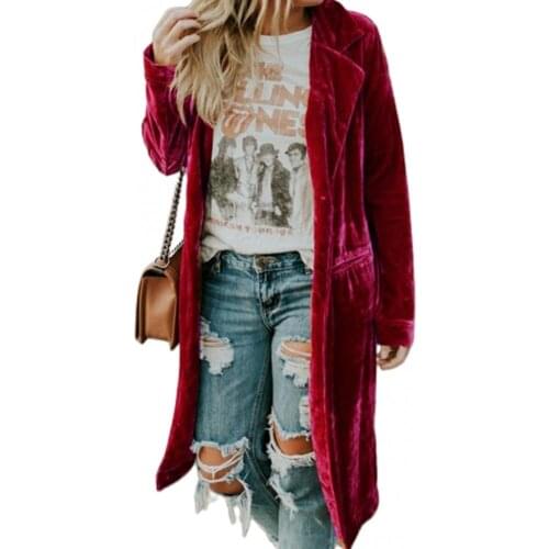 Women Velvet Long Coat Pockets Lapel Collar Solid Color Long Sleeve Autumn Winter Ladies Warm Thicken Jacket