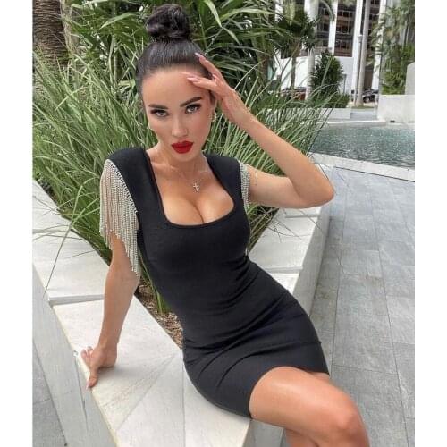 Women Summer Fashion Ladies Sexy Tassel Diamonds Crystal Black Bodycon Bandage Dress 2021 Elegant Evening Party Club Dress