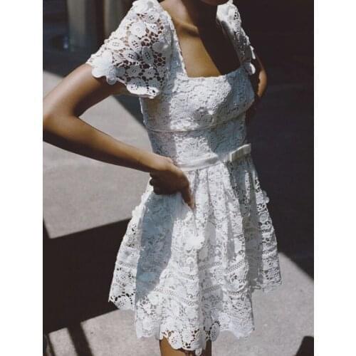 2021 New Arrive High Quality Square Collor Short Sleeve Women Lace Mini Dress Hollow Out Spliced Lady Floral Dress