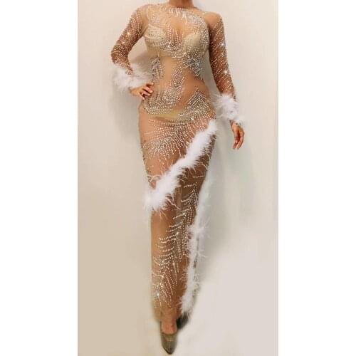 Women Sexy Mesh Silver Crystals Long Dress Wedding Birthday Celebrate Evening Transparent Feather Prom Mesh Rhinestones Dress