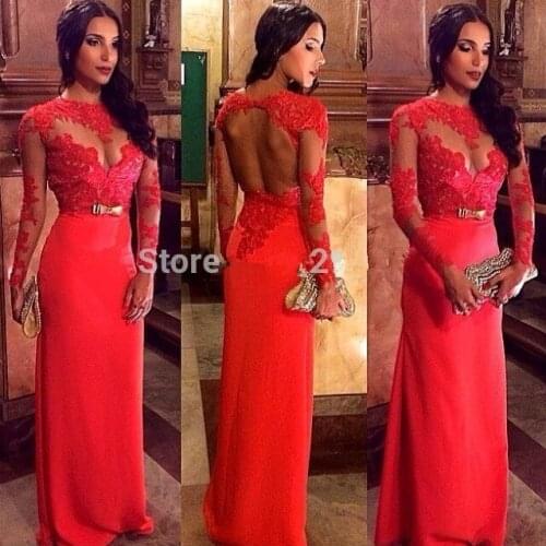 Custom Made Long Sleeve Sexy Backless Red Prom 2018 Lace Applique Chiffon Evening Gowns Formal mother of the bride dresses