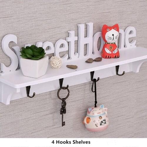 1Pc 4 Hooks Shelves Hat Key Holders Storage Shelf Hanging Hooks Wall Mounted Rack Home Storage Holder Sweet Home Words