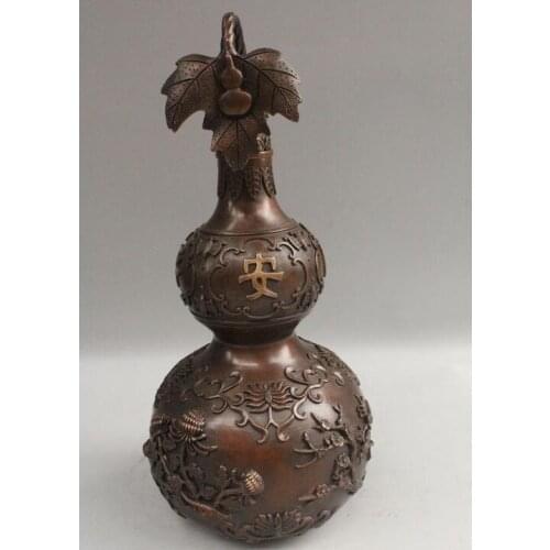 13" Chinese Feng Shui Bronze Seasons safety Calabash Cucurbit Bottle Gourd Statu