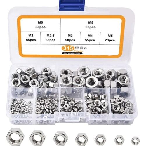 315pcs/box 250pcs/box 304 stainless steel Metric DIN934 Hex Hexagon Nut for M2 M2.5 M3 M4 M5 M6 M8 M10 Screw