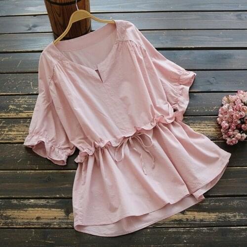 Summer Solid Cotton Women Blouse V-neck Short Sleeve Shirt Loose Blouses Shirts Plus Size Tops Blusas Womens Clothes 2021 Y941