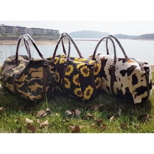 New Fashion Sunflower Pint Women Large Handbag Camouflage PU Handle Lady Tote Cow Print Weekender Bag