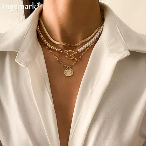 3Pcs/Set Imitation Pearl Flat Blade Snake Chain Necklace Women Girl Wedding Coin Lariat Beads Link Choker Aesthetic Neck Jewelry