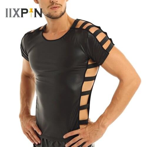 Mens Sexy Dance T Shirt Party Clubwear Soft Faux Leather Short Sleeve Cut Out Elastic Band Fashion Pullover Muscle T-shirt Tops