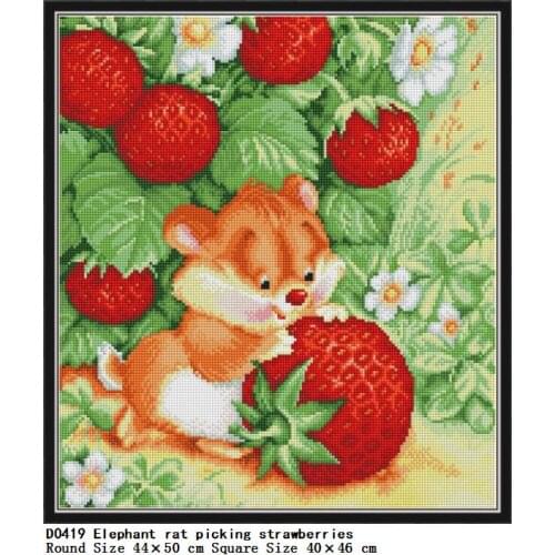 Natural Animal Painting 5D Diamond Painting Elephant Rat Picking Strawberries Cross Stitch Mosaic Diamond Picture of Rhinestones