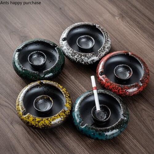 Kiln Change Ceramic Ashtray with Cover Anti-fly Ash Ash Storage Box with Smoke Trough Decorative Ashtray Ash Tray Storage Tray