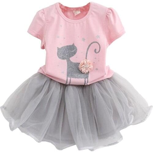 Children Clothing Sets Summer Cats Printed T-Shirts+ Skirts Sets 2Pcs for Kids Clothing Sets Baby Clothes Baby Girl Outfits