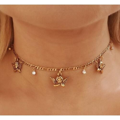 Fashion Gold Chain Tassel Choker Necklace Angel Crystal Pendant Necklace Party Birthday Jewelry Gift